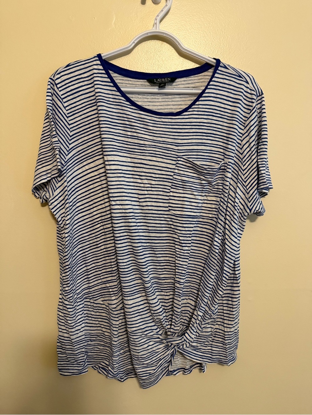 Lauren Ralph Lauren Navy & White Striped Knot-Front Short Sleeve Tee